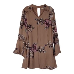 Altar'd State Choker Dress S Long Flowy Sleeve Floral Lined V-Neck Mauve/Pink